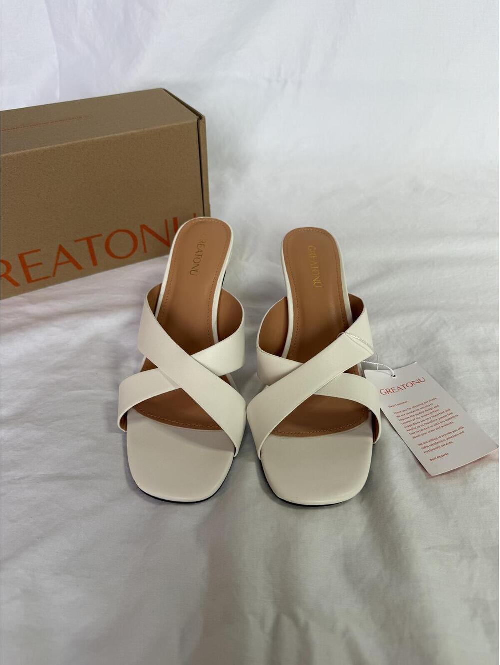 Greatonu Women's White Crisscross Strap Heeled Sandals Size 9